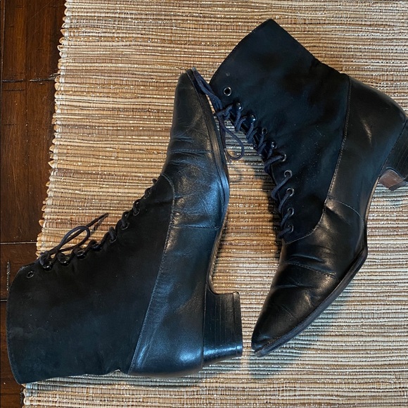 Leather Vintage Witch Costume Halloween Gothic Victorian  Pilgrim Lace-up Bootie - Picture 1 of 11
